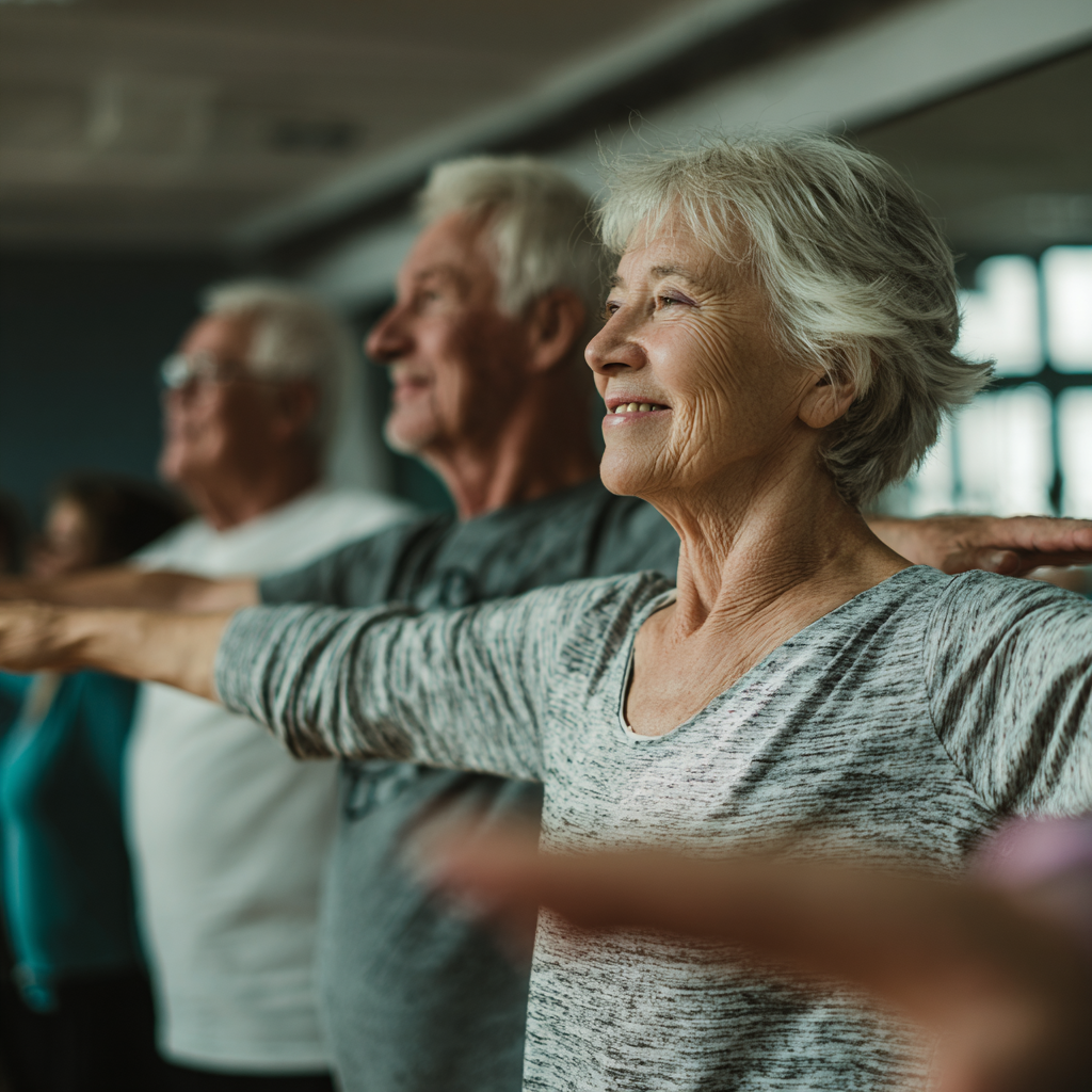 Older adults engaged in balanced fitness session focused on stability